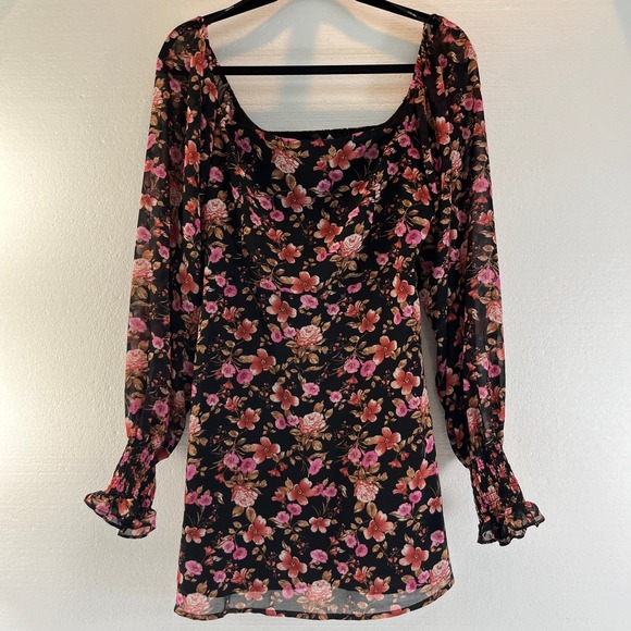 Forever 21 Dresses & Skirts - Forever 21 Mini Dress Large Black Floral Babydoll Dark Cottagecore‎ Fairy Grunge